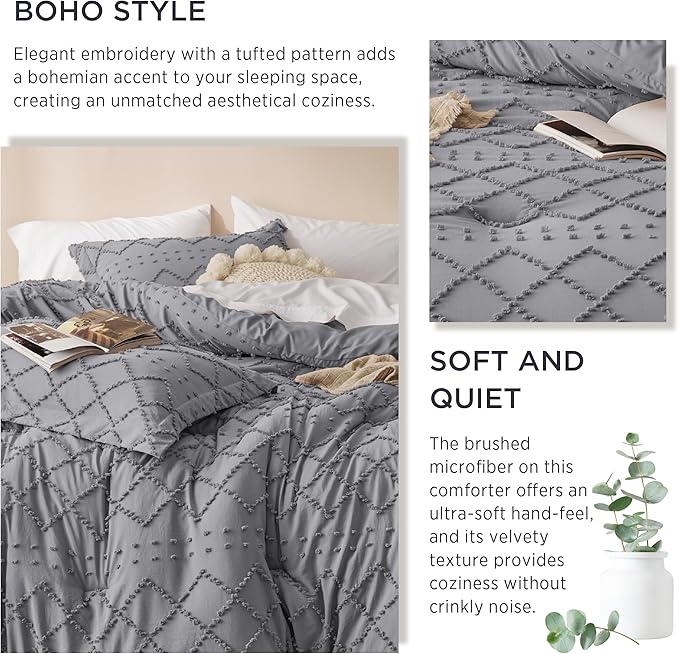 Bedsure Queen Comforter Set - Grey Comforter, Boho Tufted Shabby Chic Bedding for Kids, 3 Pieces Vintage Farmhouse Bed Set for All Seasons, Fluffy Soft Bedding with 2 Pillow Shams