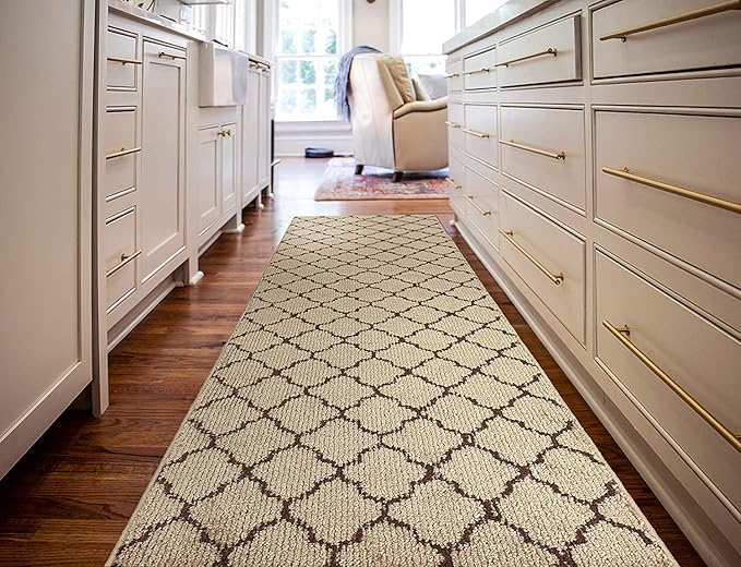 Custom Size Modern Runner Rug Carpet for Hallway Entryway Foyer Kitchen, Slip Resistant Latex Rubber Backed 31 inch Wide X Customized Length, Trellis Beige, 31 inch X 8 feet
