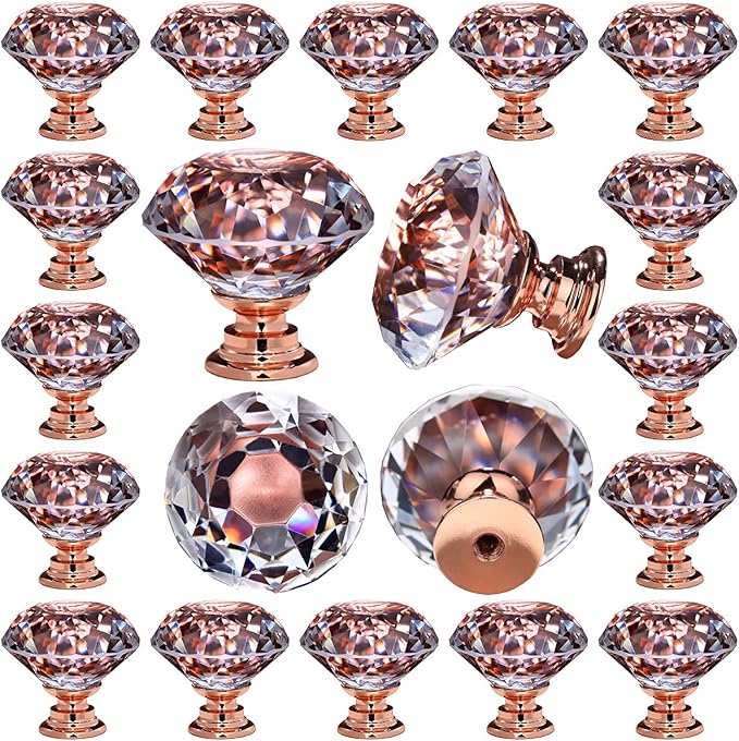 26 pcs Crystal Rose Gold Glass Drawer Pulls 30 mm Decorative Knobs for Kitchen Bathroom Cabinet, Dresser and Cupboard by DeElf