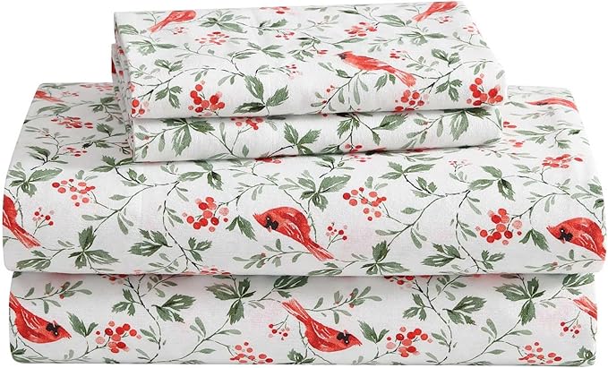 Laura Ashley - Flannel Sheets King Size, Anti-Pilling & Wrinkle Resistant Cotton, Touchably Soft for All-Season Comfort - Bed Sheets with Matching Pillowcases & Fitted Sheet (Jolly Cardinals Green)