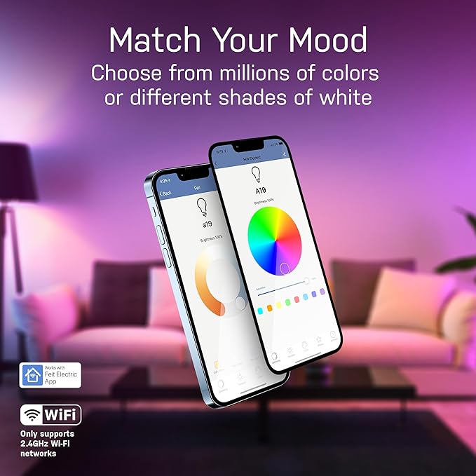 Feit Electric OM60/RGBW/CA/AG Smart WiFi Color Changing and Dimmable, Alexa or Google Assistant, No Hub Required A19 LED Light Bulb, 60W