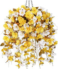 Artificial Fake Fall Hanging Flowers Plants Baskets for Outdoor Decoration, 5Pcs Faux Silk Hibiscus Long Vines in Planter UV Resistant Realistic Flower for Outside Home Porch Patio Garden