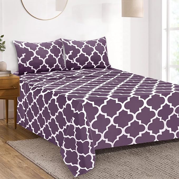 Mejoroom Queen Bed Sheet Set - Super Soft Brushed Microfiber 1800 Thread Count Queen Sheets with 16 inch Deep Pocket - Wrinkle Free - 4 Piece(Queen, Purple Quatrefoil with White Pattern)
