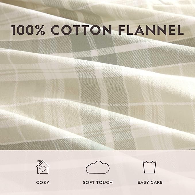 Laura Ashley - Flannel Sheets King Size, Anti-Pilling & Wrinkle Resistant Cotton, Touchably Soft for All-Season Comfort - Bed Sheets with Matching Pillowcases & Fitted Sheet (Mulholland Plaid Green)