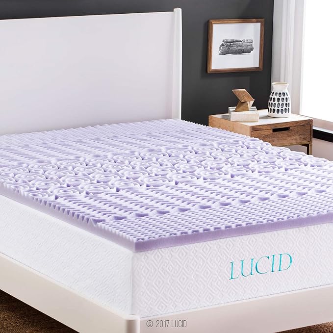 LUCID Lavender Infused 2 Inch Memory Foam Mattress Topper with 5 Zones – Twin Size – Plush Feel – CertiPUR Certified – Dorm Room Essentials