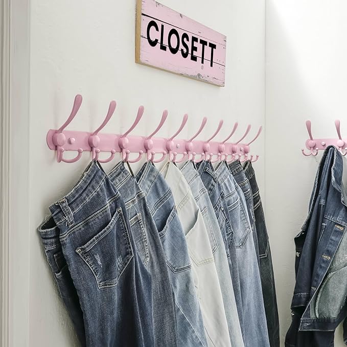 Dseap Coat Rack Wall Mount - 38” Long 10-Tri-Hooks Heavy Duty Coat Hanger Rail Wall Hooks for Hanging Coats Hats Clothing Clothes Purse Mudroom Entryway, Pink