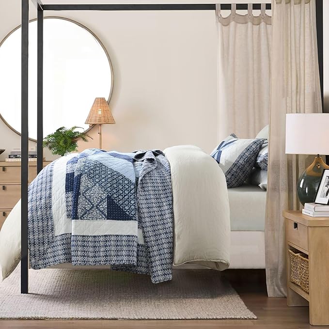 Secgo Handmade Quilted 100% Cotton Queen Comforter Set for Bed - 100% Cotton Quilts Queen Size, Black Bedspreads (90 * 98 Inch) with 2 Pillow Shams, Patchwork Reversible Lightweight Bedding