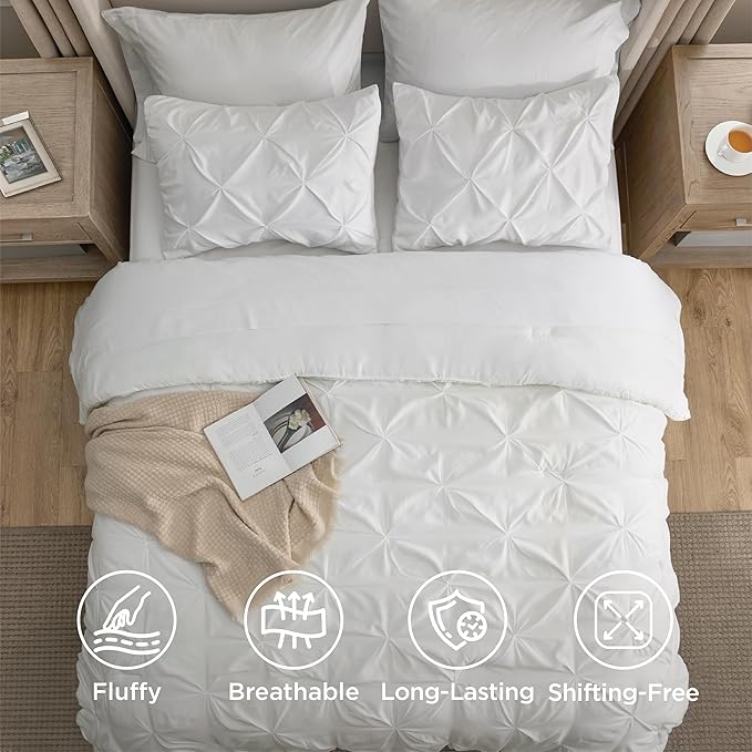 Bedsure California King Comforter Set White - Bed in a Bag Cal King Bedding Set 7 Pieces, GentleSoft™ Pintuck Bed Set Gift for Family, Pinch Pleat White Comforter with Sheets, Pillowcases & Shams