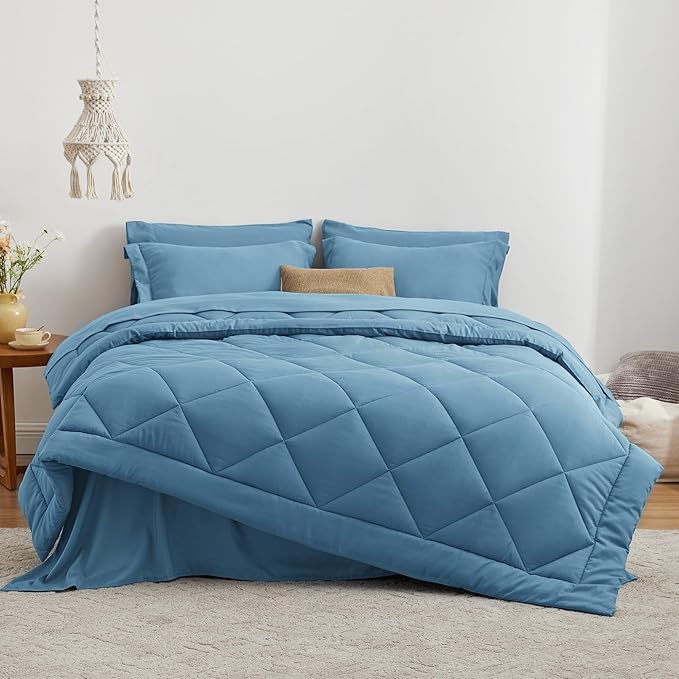 Love's cabin Twin XL Comforter Set Misty Blue, 5 Pieces Twin XL Bed in a Bag, All Season Bedding Sets with 1 Comforter, 1 Flat Sheet, 1 Fitted Sheet, 1 Pillowcase and 1 Pillow Sham