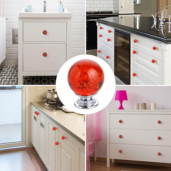 10 PCS Crystal Cabinet Knobs Round Glass Bubbles Dresser Knobs Smooth Drawer Knobs Handle for Home, Cabinet, Drawer and Dresser Hardware with 3 Different Size Screws, 30MM (Red)