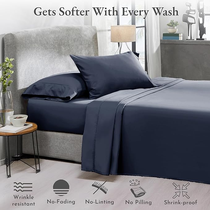 2-Pack King Size Sheet Sets - 400 Thread Count 100% Cotton Sateen - Extra Soft, Breathable & Cooling Sheets, Wrinkle Resistant, 2 Sets of Deep Pocket Bed Sheets - Indigo Dusty Blue