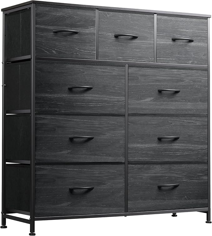 WLIVE 9-Drawer Dresser, Fabric Storage Tower for Bedroom, Entryway, Closet, Tall Chest Organizer Unit with Fabric Bins, Steel Frame, Wood Top, Easy Pull Handle, Charcoal Black Wood Grain Print