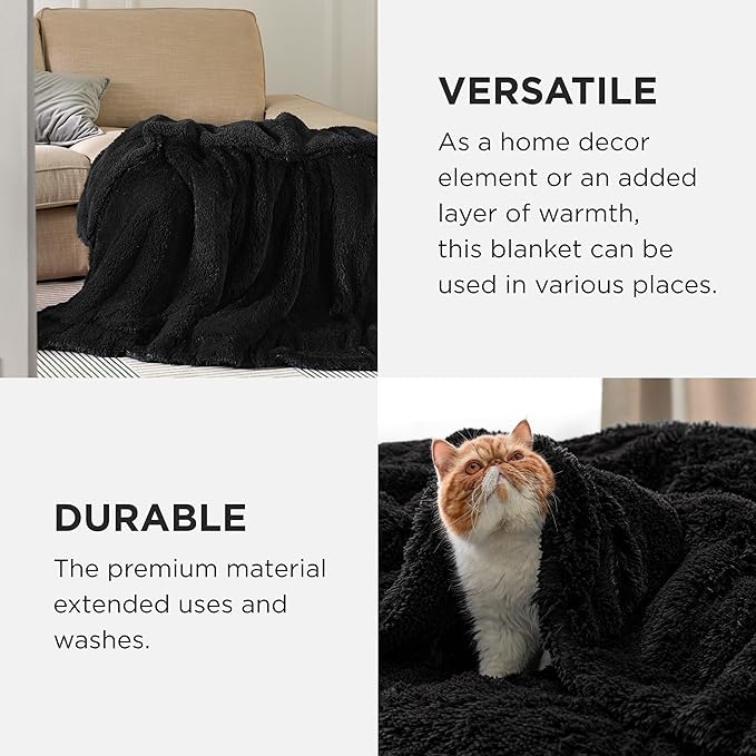 Bedsure GentleSoft Fuzzy Sherpa Faux Fur Twin Blanket Black Cozy Gifts for Women Men, Soft Fleece Plush Warm Minky Thick Blanket Twin Size for Bed, Couch, Dorm Essentials Black Decor Gifts, 60x80