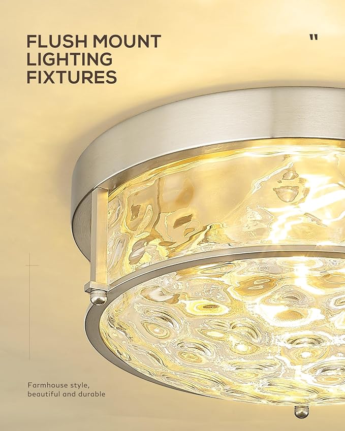 FEMILA Flush Mount Ceiling Light Fixture, 12" Brushed Nickel Ceiling Light, Water Ripple Glass, for Hallway, Living Room, Kitchen, Bedroom, E26 Base, 4FTJ22WG-F BN