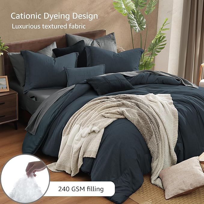 Monbix California King Comforter Set - 7 Pieces Cationic Dyeing Navy Blue Bed in a Bag Cal King Bedding Sets with Comforter, Sheets, Pillowcases & Shams, Reversible Bedding Comforters Sets(108 * 92)