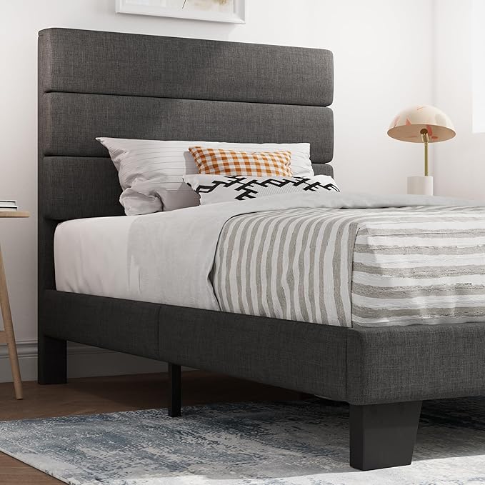 SHA CERLIN Twin Platform Bed Frame with Upholstered Fabric Headboard, Mattress Foundation with Strong Wooden Slats Support, No Box Spring Needed, Grey
