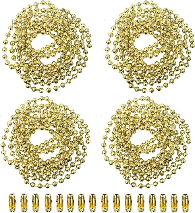 4 Pack Ceiling Fan Pull Chain Extender,Each Chain Length 39-inch(1 Meter) with 16 Connectors,Standard 3 mm Diameter Beaded Ball, Fit for Ceiling Fans and Light Fixtures Factory Pull,Golden