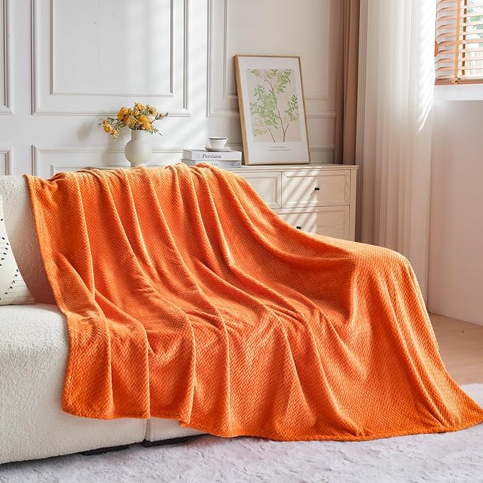 NEWCOSPLAY Super Soft Queen Blanket Orange Premium Silky Flannel Fleece Leaves Pattern Lightweight Bed Blanket All Season Use (Orange, Queen(90"x90"))