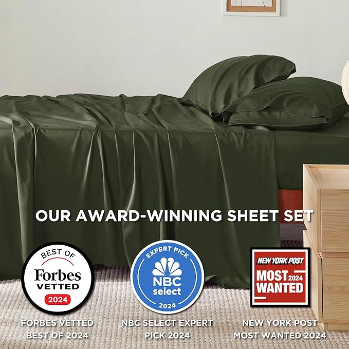 Bedsure King Size Sheets Set, Cooling Sheets for Hot Sleepers, Rayon Derived from Bamboo, Breathable & Soft, Deep Pocket Up to 16 Inches, Hotel Luxury Silky Bedding, Olive Green