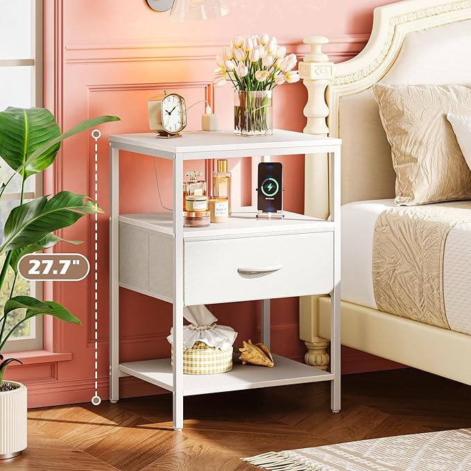 SUPERJARE Nightstand with Charging Station, White Night Stand with Adjustable Drawers, 17.7 Inches Wider Side Table for Bedroom, 3-Tier Storage End Table with Open Shelf, PU Leather Surface