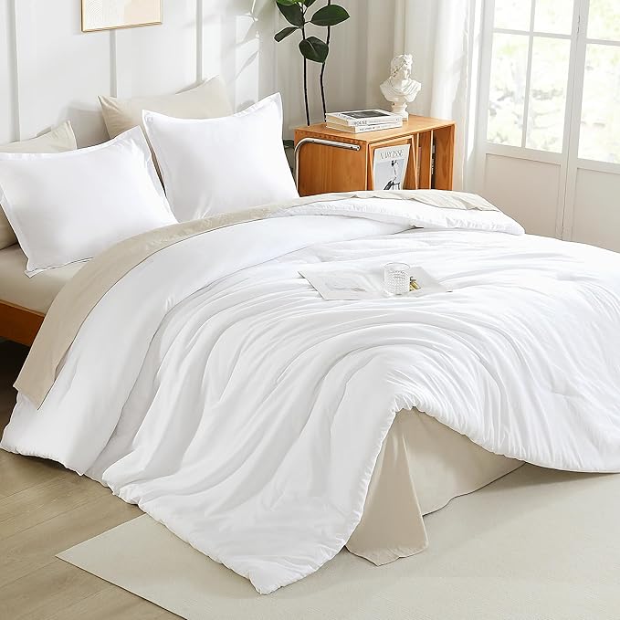 Litanika White Oversized King Comforter Set Super King Plus Size, 3 Pieces Lightweight Solid Bedding Comforter Set, All Season Fluffy Bed Set (128x120In Comforter & 2 Pillowcases)