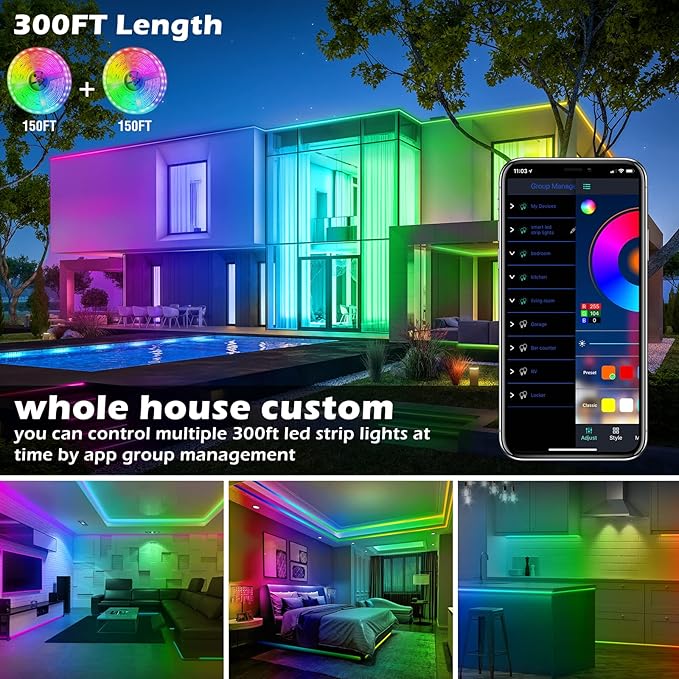 AILBTON 300ft Led Strip Lights(3 Rolls of 100ft led Lights) Ultra Long Led Light Strip with App Voice Control Remote,5050 RGB Music Sync Color Changing Led Lights for Bedroom,Party,Home Decoration