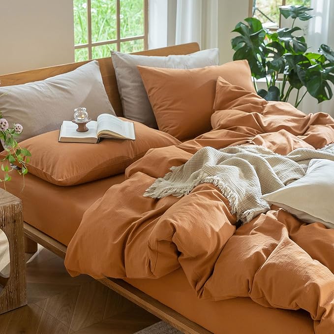 MooMee Bedding Duvet Cover Set 100% Washed Cotton Linen Like Textured Breathable Durable Soft Comfy (Solid Burnt Orange, Super Queen 90"x98")
