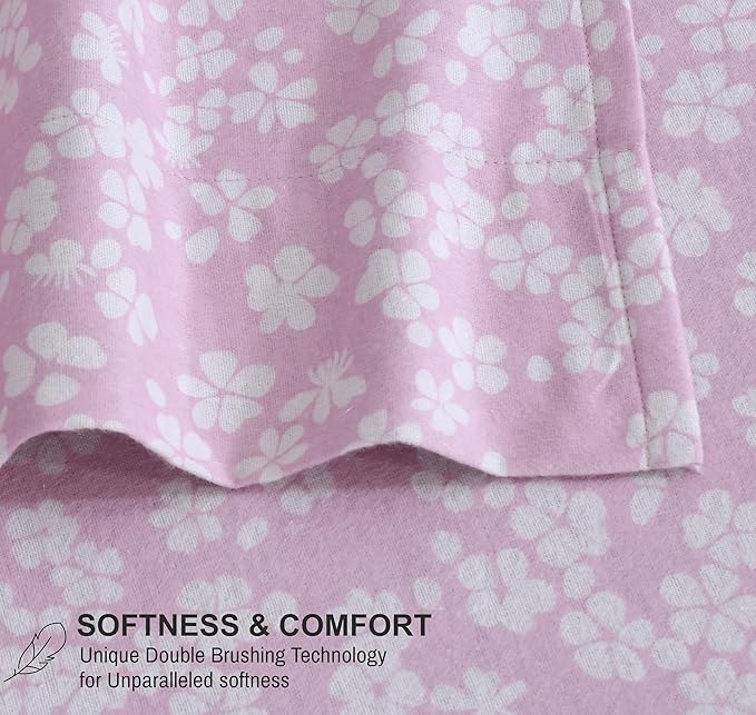 RUVANTI Flannel Sheets King Size - 100% Cotton Brushed King Size Sheets Set - Deep Pockets 16 Inches Bed Sheets - All Seasons Breathable & Extra Soft - Warm & Cozy, 4 Piece, Pink Flora