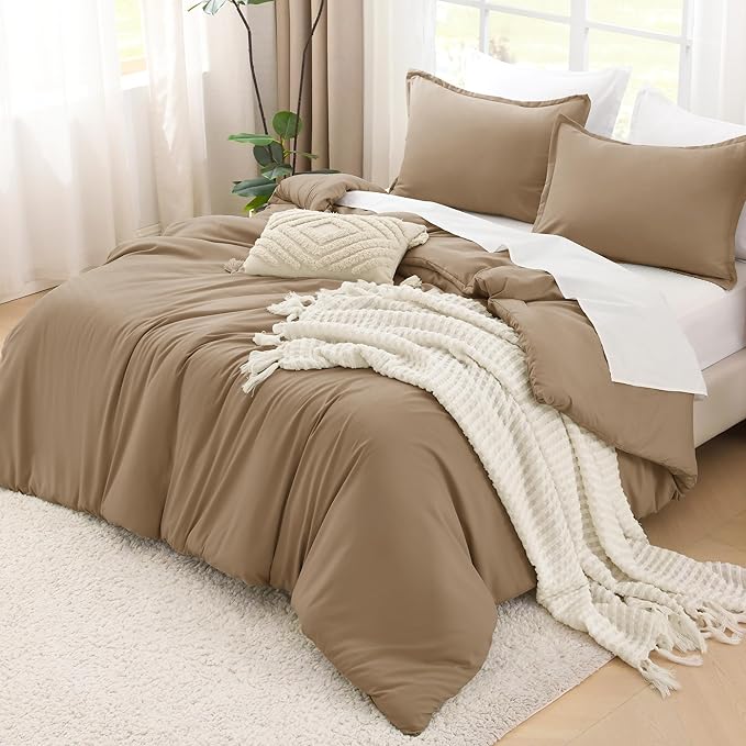 Litanika Comforters Taupe Oversized Queen Size, 3 Pieces Lightweight Solid Bedding Set & Collections, All Season Fluffy Bed Set (98x98In Comforter & 2 Pillowcases)