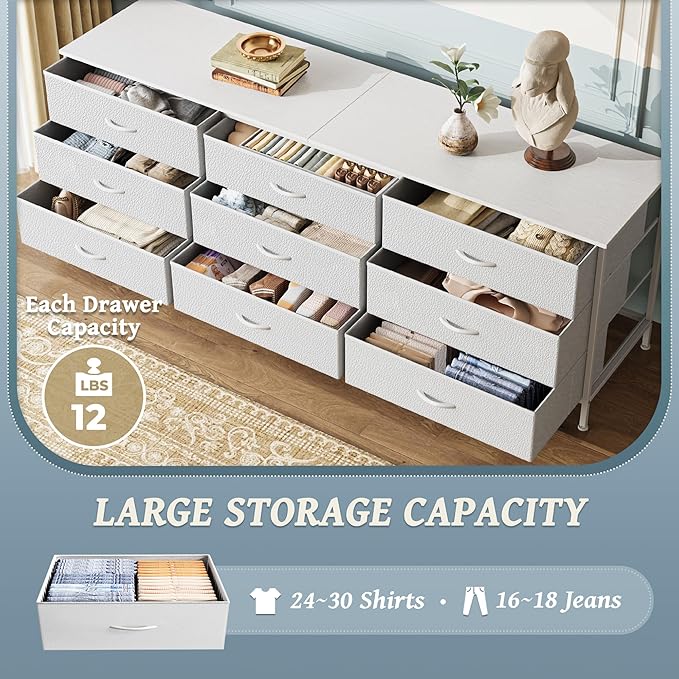 Huuger 63 Inch Dresser for Bedroom, Dresser for Closet with 9 Drawers, Large TV Stand for 55, 65, 70 Inch TV, Entertainment Center with Storage, Wide Long Chest of Drawers, White