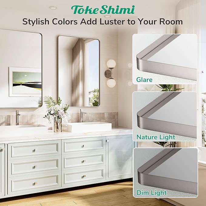 TokeShimi 48x36 Brushed Nickel Bathroom Mirror for Over Sink,Tempered Glass,Rectangle Mirror for Bathroom,Large Bathroom Mirror for Vanity(Horizontal/Vertical)