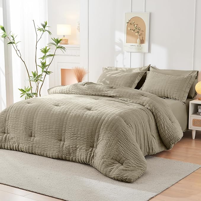 HYMOKEGE Linen California King Comforter Set Seersucker 7 Pieces, All Season Luxury Bed in a Bag for Bedroom, Bedding Set with Comforter, Sheets, Pillowcases & Shams