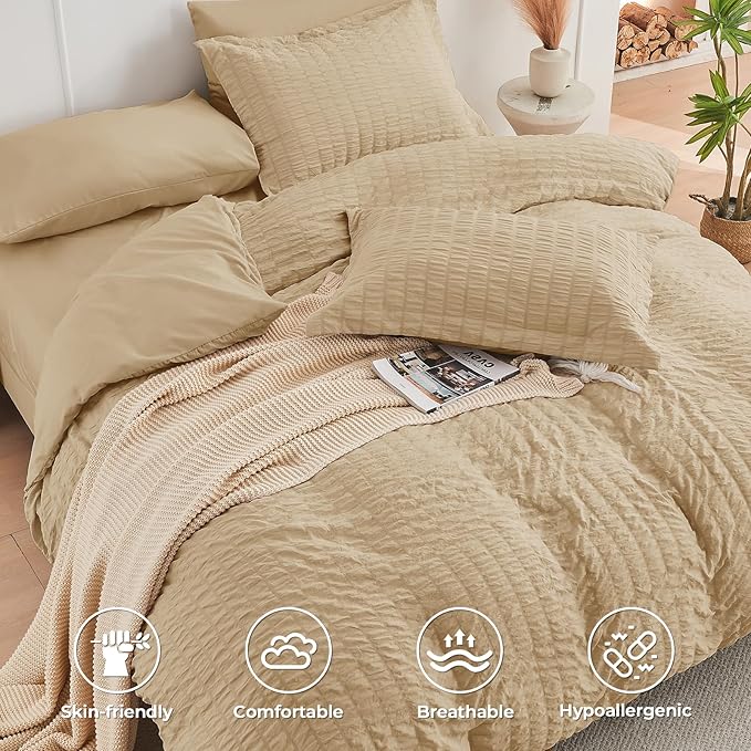 HYMOKEGE Khaki California King Comforter Set Seersucker 7 Pieces, All Season Luxury Bed in a Bag for Bedroom, Bedding Set with Comforter, Sheets, Pillowcases & Shams