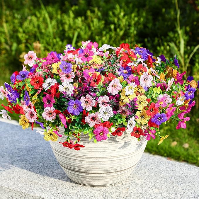 SHareconn 36 Bundles Artificial Flowers for Outdoors, Faux Plants Fake Silk Colorful Daisy Eucalyptus Lavender, UV Resistant for Outside Home Porch Patio Spring Decor, RedRosyPurpleYellowPinkWhite