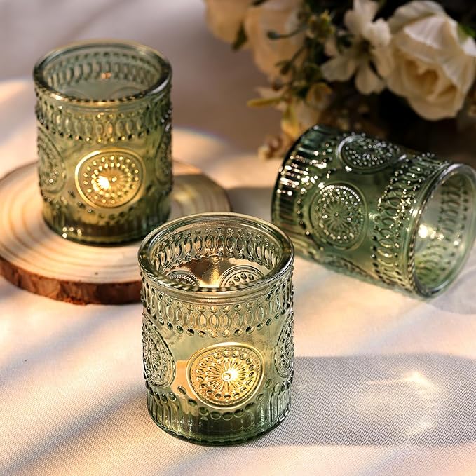 DARJEN Green Votive Candle Holders Set of 36- Glass Candle Holders Bulk for Flameless LED Tea Waxes, Tea Light Candle Holder for Wedding & Home Table Decor, Vintage Parties Gifts