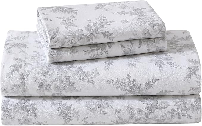 Laura Ashley - Flannel Sheets Full Size, Anti-Pilling & Wrinkle Resistant Cotton, Touchably Soft for All-Season Comfort - Bed Sheets with Matching Pillowcases & Fitted Sheet (Vanessa Grey)