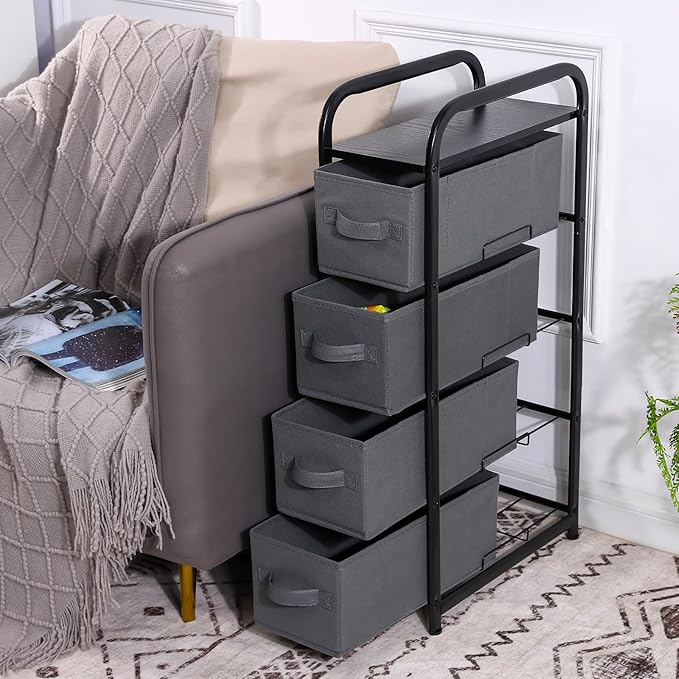 MAX Houser 4 Drawer Narrow Dresser Fabric Storage Tower Vertical Slim Storage Chest Organizer Nightstand Side/End Table Small Standing Organizer Removable Drawers Wood Top for Bedroom, Bathroom（Grey