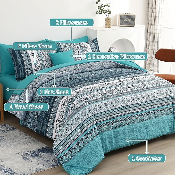 Cottolester Boho King Size Comforter Set 8 Pieces, Teal Comforter Bohemian Striped Bed in A Bag, Soft Microfiber Bedding Set for All Seasons