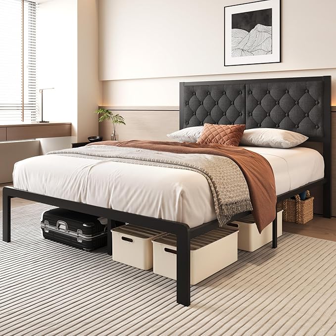 Queen Bed Frame with Headboard Linen Upholstered Bed Frame Platform,All Metal Slats Support Platform Bed Frame with Storage Space,Easy Assembly,Noise Free,No Box Spring Needed,Grey