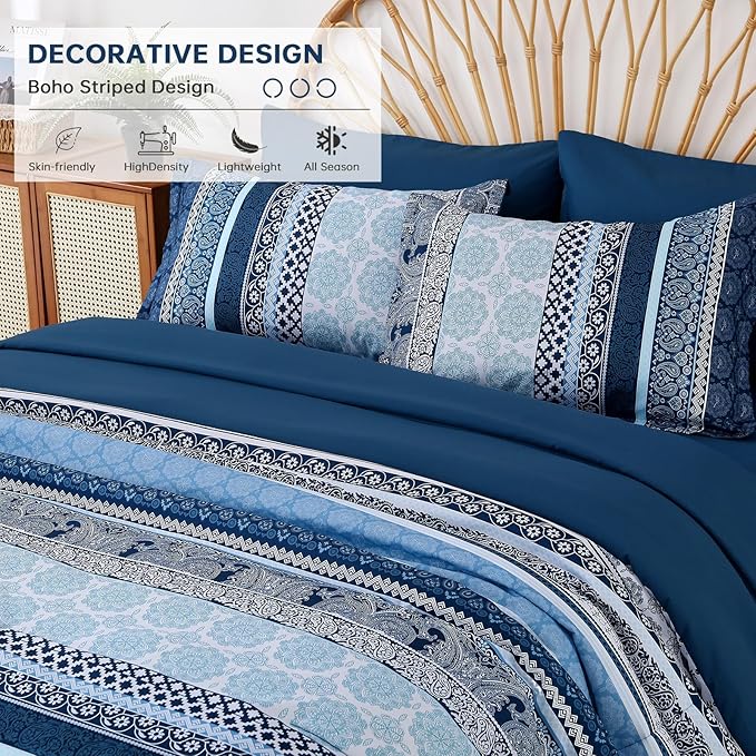Cottolester Boho Comforter Set California King Size,8 Pieces Navy Blue Bohemian Striped Bed in a Bag,Paisley Soft Microfiber Bedding Comforter Set