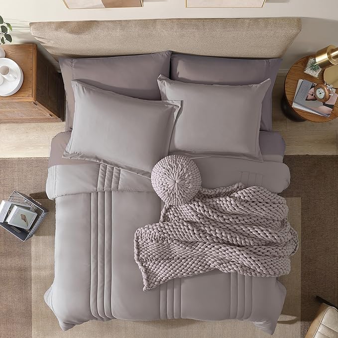 Monbix Queen Comforter Set - 7 Pieces Cloud Purple Bed in a Bag Queen Bedding Sets with Comforters, All Seasons Down Alternative Comforter Bed Set with Sheets, Pillowcases & Shams