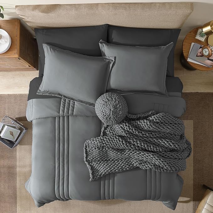 Monbix Twin XL Size Comforter Set - Extra Long 5 Pieces Dorm Bedding Sets, Quilting Design Fluffy Bed in a Bag Twin XL with Sheets, Pillowcase & Sham(Grey)
