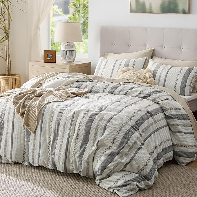 Bedsure Waffle Weave Duvet Cover Queen - 100% Cotton Boho Duvet Cover Set with 2 Pillowcases - Extra Soft Cream White Textured Comforter Cover with Zipper Closure (Queen, 90"x90")