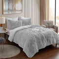 King Luxury Faux Fur Comforter Set - Soft & Breathable 7-Piece Bedding Collection - 1 Comforter, 1 Fitted Sheet, 1 Flat, 2 Pillowcases, 2 Pillow Shams - Deep Pocket - Premium Quality, Silver