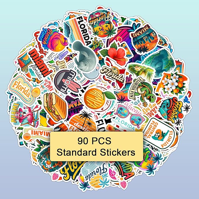 100 PCS Florida Travel Stickers Pack, Vinyl Waterproof Decals of Beaches Palm Trees Oranges State Icons and City Skylines, Gift for Kids Teens Adults Laptop Water Bottle Scrapbook Luggage Car