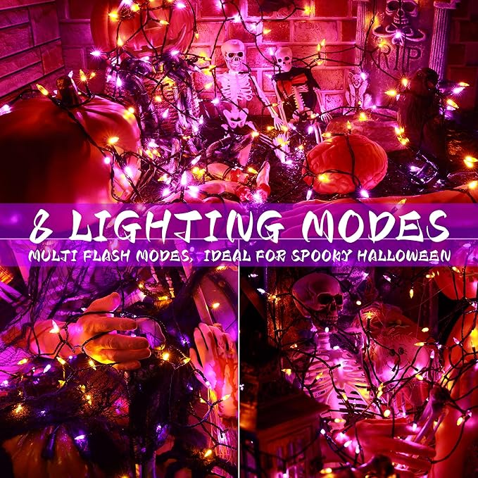 BrizLabs Orange Purple Halloween Lights, 33ft 100 LED Battery Halloween Lights, 8 Modes Orange Purple String Light with Timer, Indoor Outdoor Mini Battery Light for Outside Tree Bedroom Patio Decor