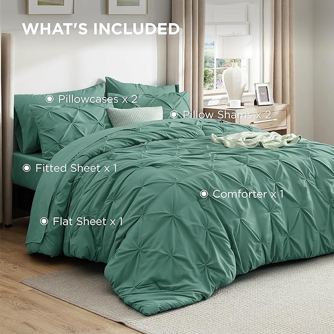 Bedsure Full Size Comforter Sets - Bedding Sets Full 7 Pieces, Pintuck Bed in a Bag Graysih Green Bed Set with Comforter, Sheets, Pillowcases & Shams