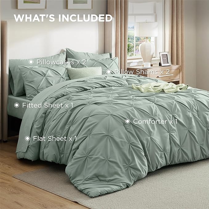 Bedsure California King Comforter Set - Bed in a Bag Cal King Bedding Set 7 PCS, GentleSoft™ Pintuck Bed Set Gift for Family, Pinch Pleat Sage Green Comforter with Sheets, Pillowcases & Shams