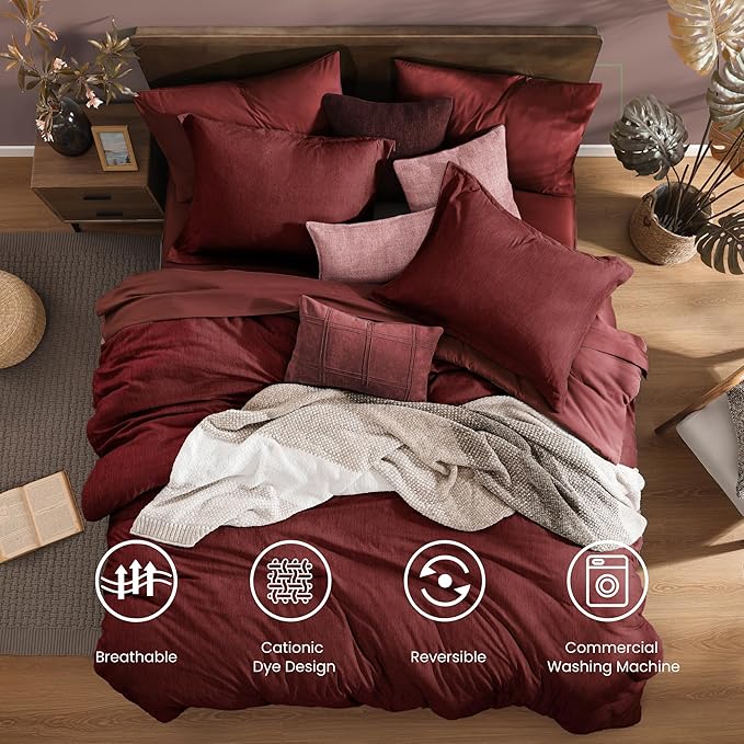Monbix Full Size Comforter Sets Red, Cationic Dyeing Reversible Bedding Set 7 Pieces, All Season Bed in a Bag with Sheets, Pillowcases & Shams