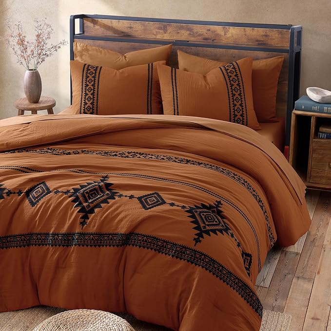 MaiRêve California King Comforter Set Burnt Orange, Embroidery Western Bedding Set Boho 7 Pieces, Farmhouse All-Season Bed in A Bag with Sheets, Pillowcases & Shams